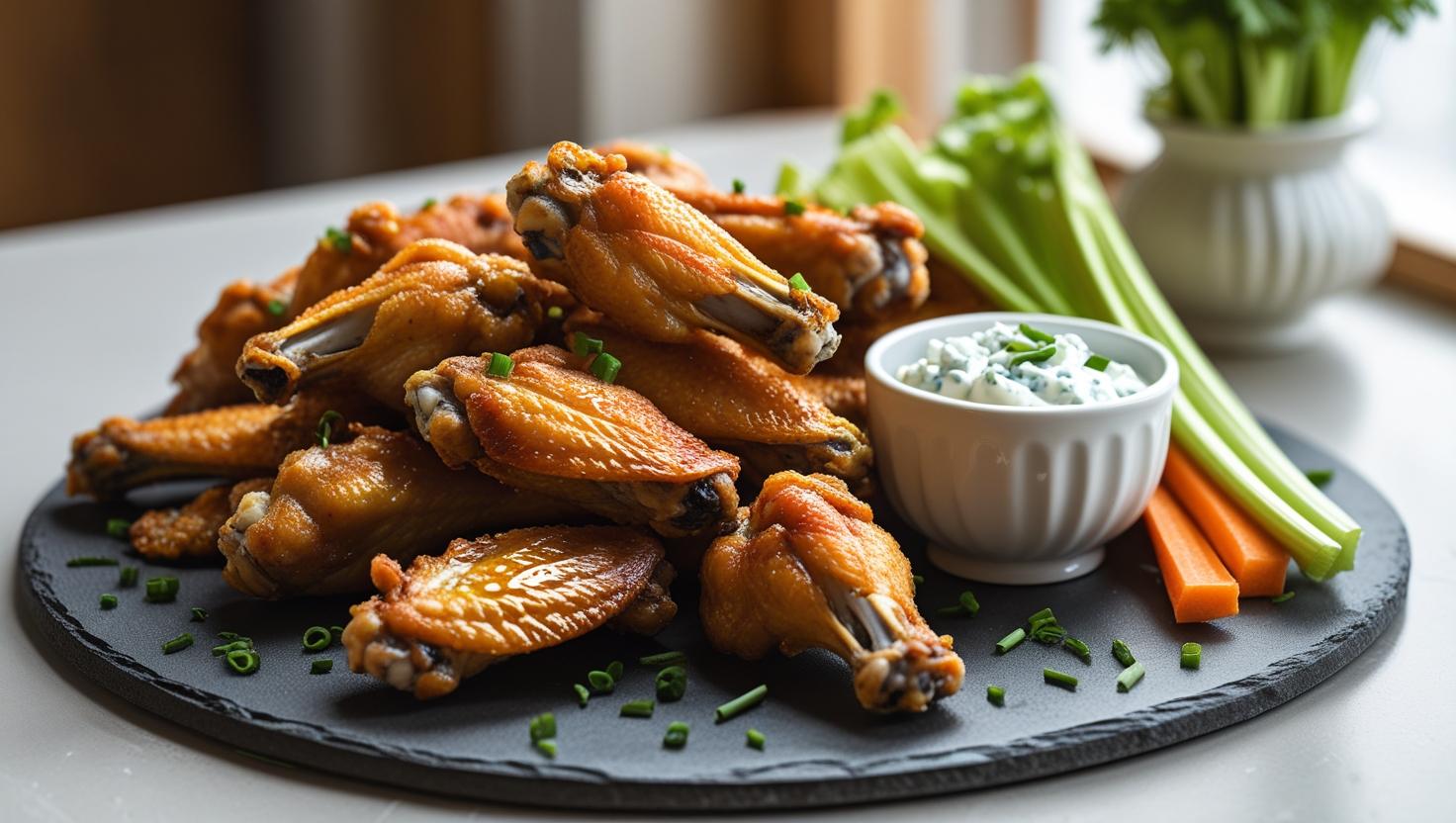 A_vibrant,_hyper-realistic_food_photography_shot_of_a_generous_pile_of_golden-brown_and_perfectly_crispy_air_fryer_chicken_wings,_glistening_lightly__The_wings_are_arranged_on_a_dark_slate_plate__Next_to_the_plate_.jpg