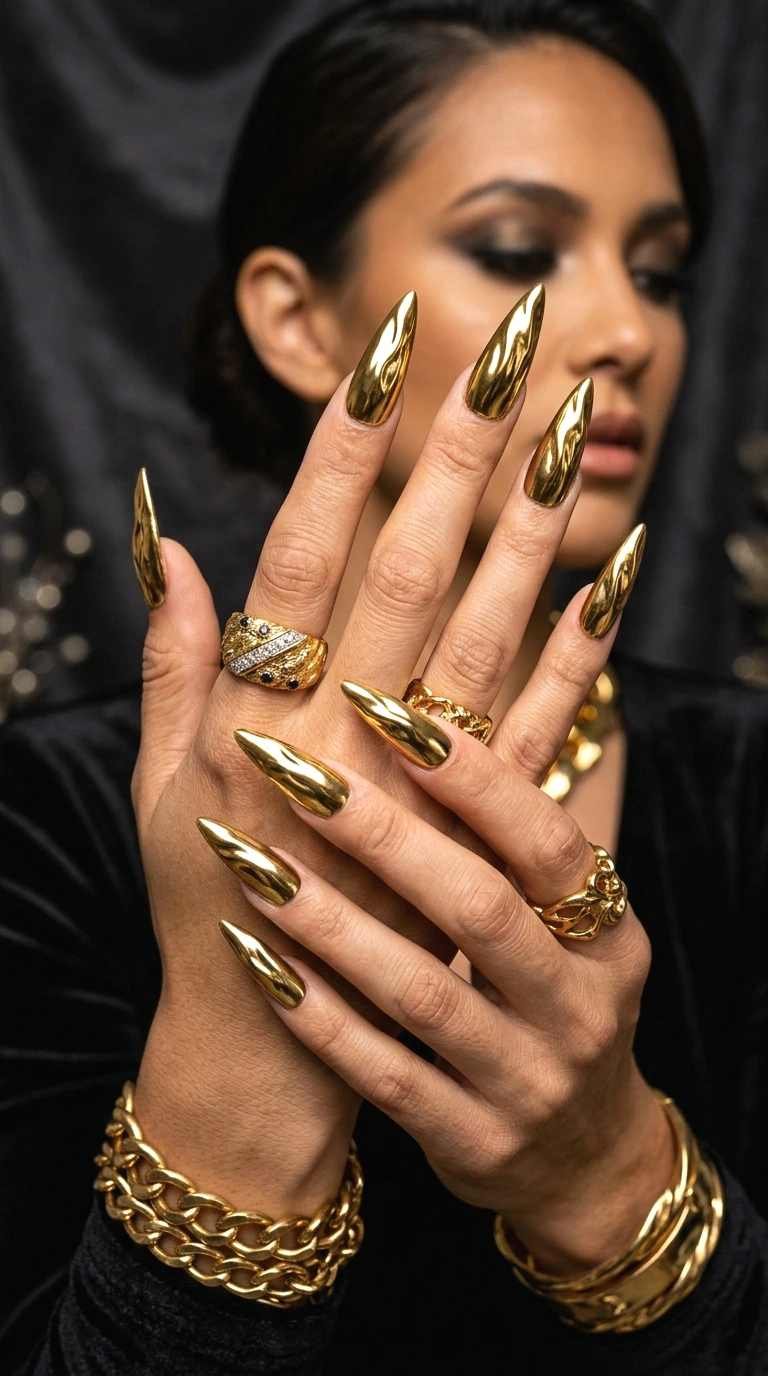 gold chrome statement nails