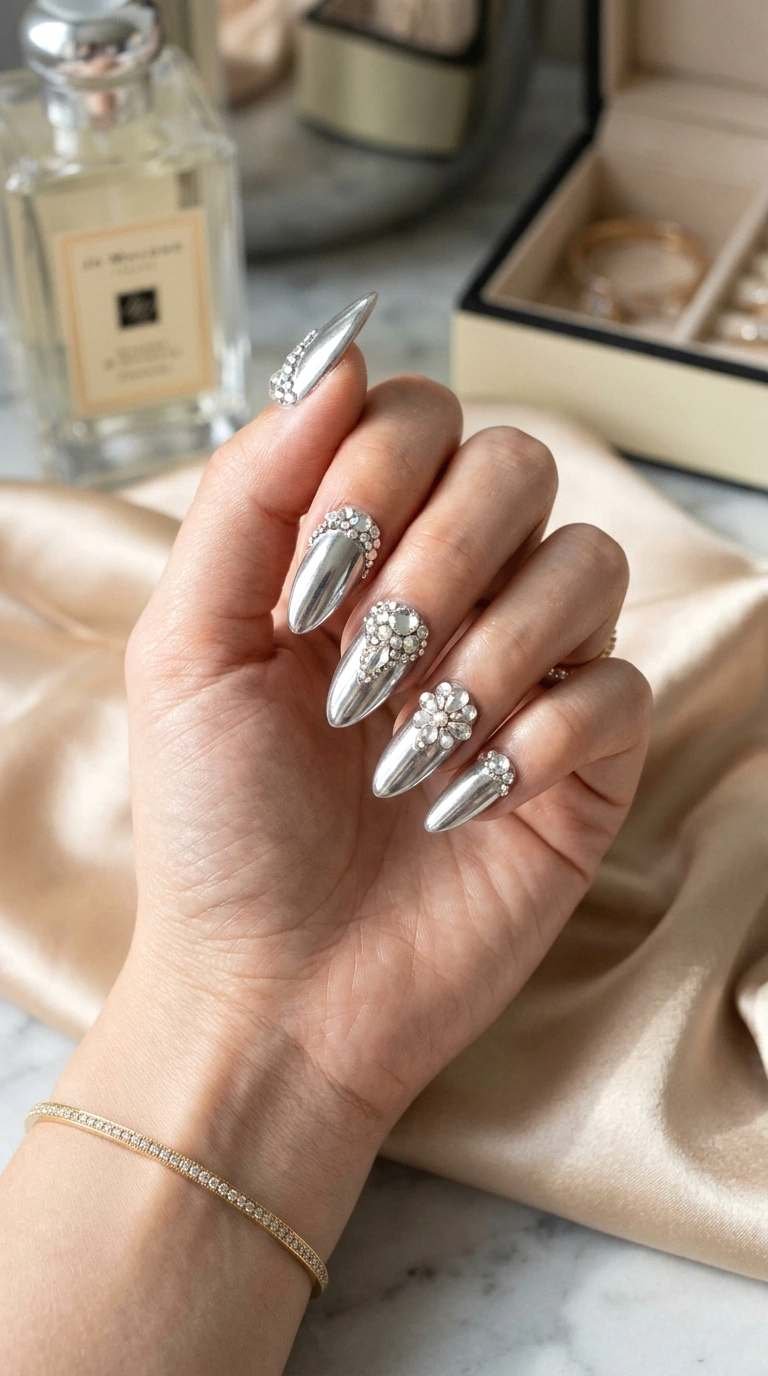 chrome nails with crystal accents