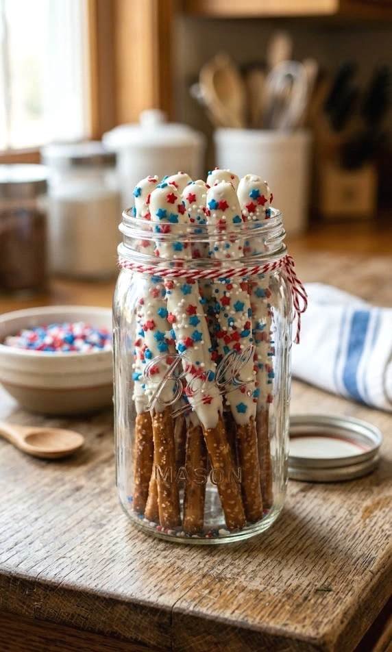 red, white, and blue pretzel rods