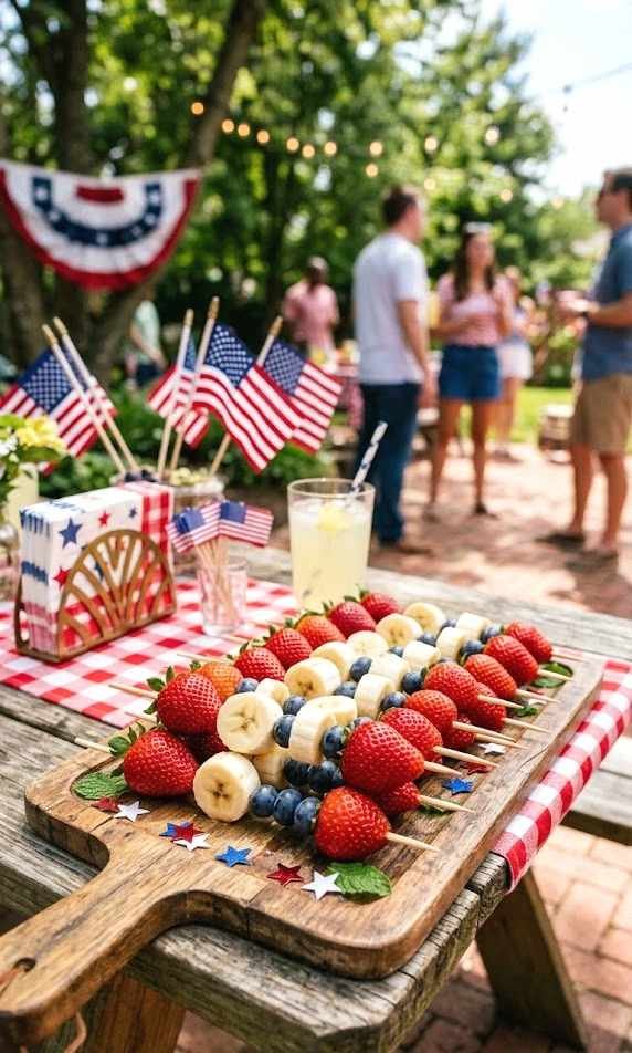 red, white, and blue fruit skewers