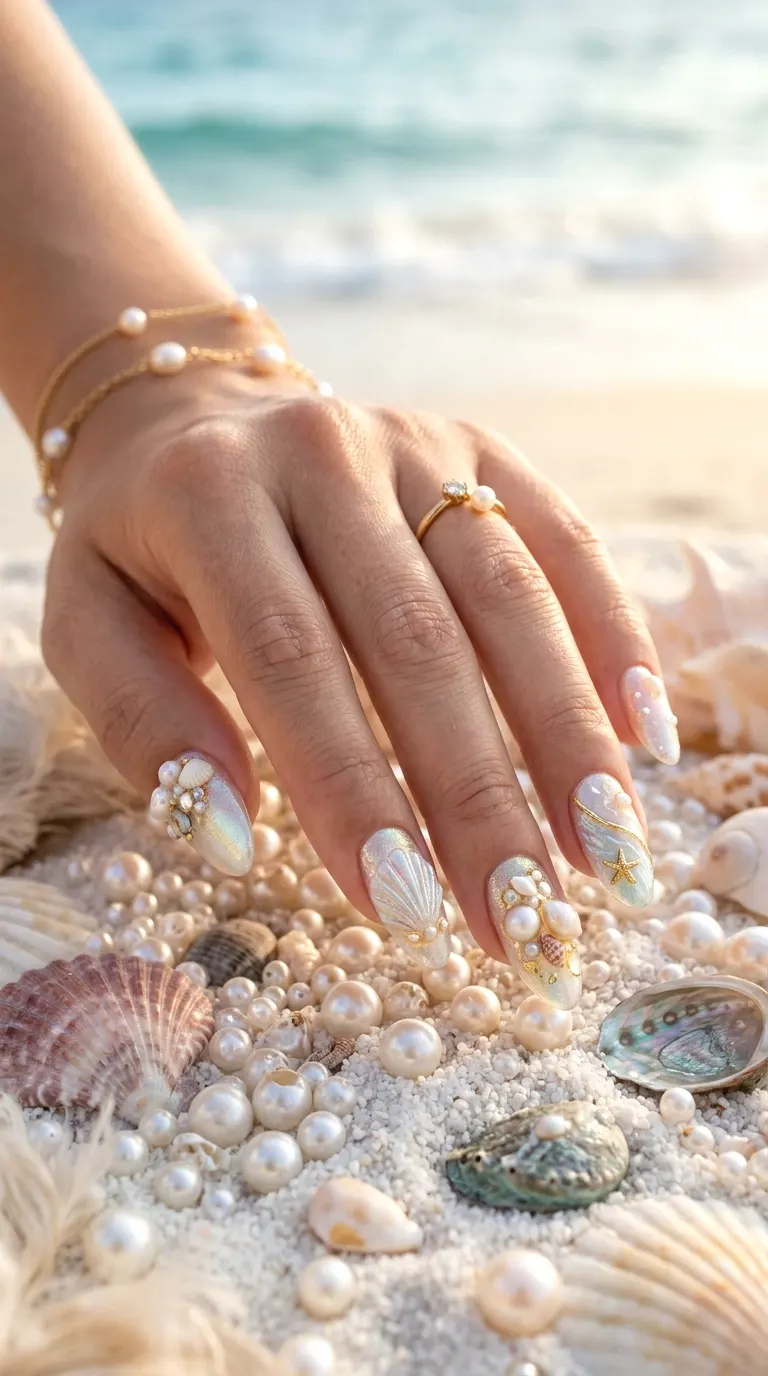 seashell pearl nails